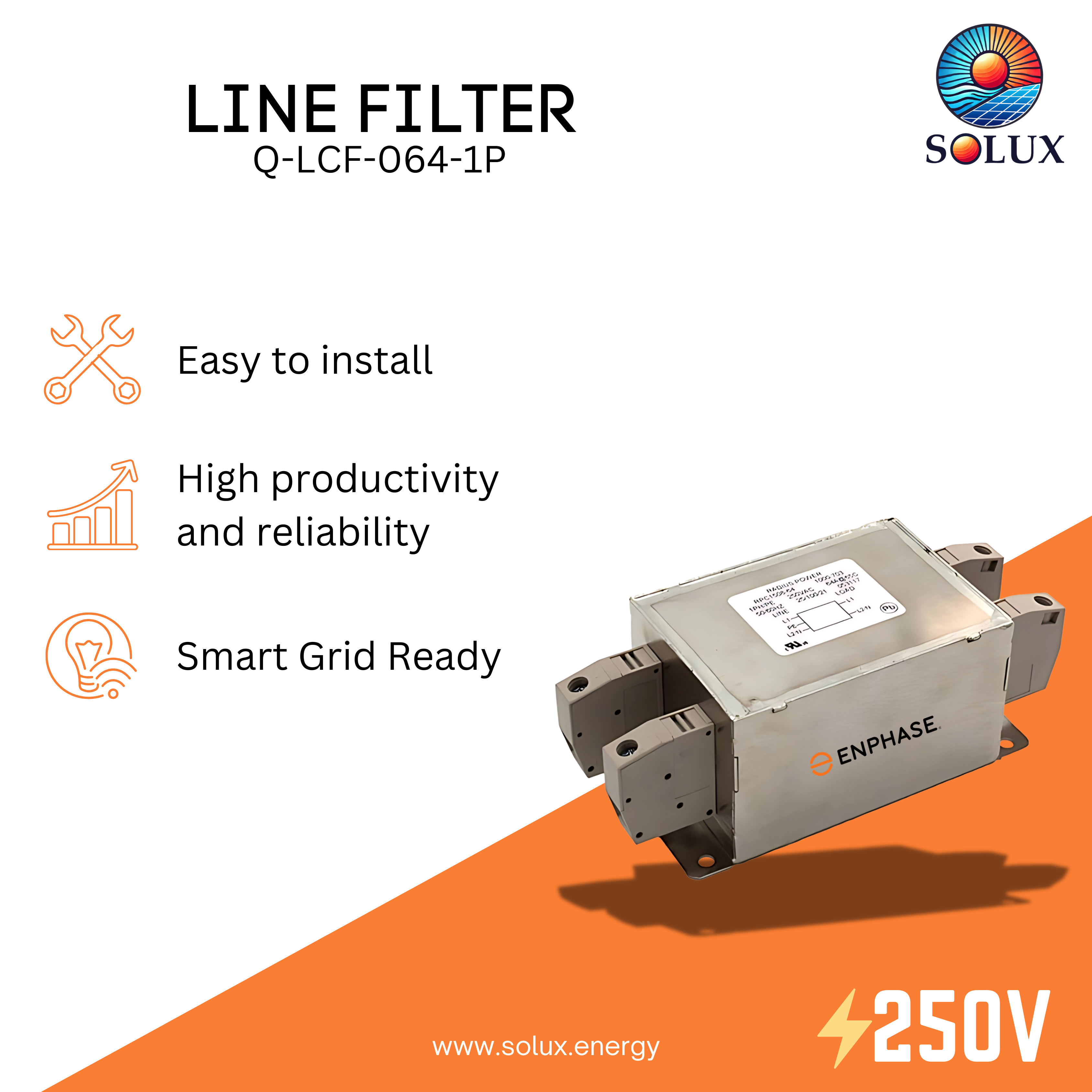 Improve Enphase microinverter performance with this 1-phase line filter. Reduces noise for optimal energy production.